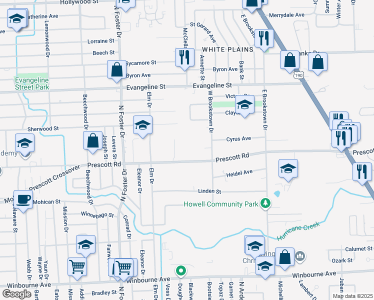 map of restaurants, bars, coffee shops, grocery stores, and more near 5459 Prescott Road in Baton Rouge