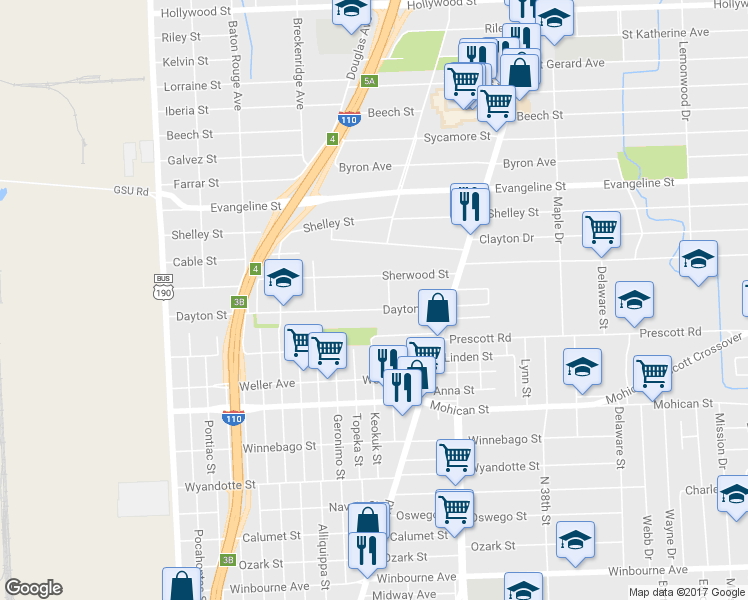 map of restaurants, bars, coffee shops, grocery stores, and more near 2866 Sherwood Street in Baton Rouge