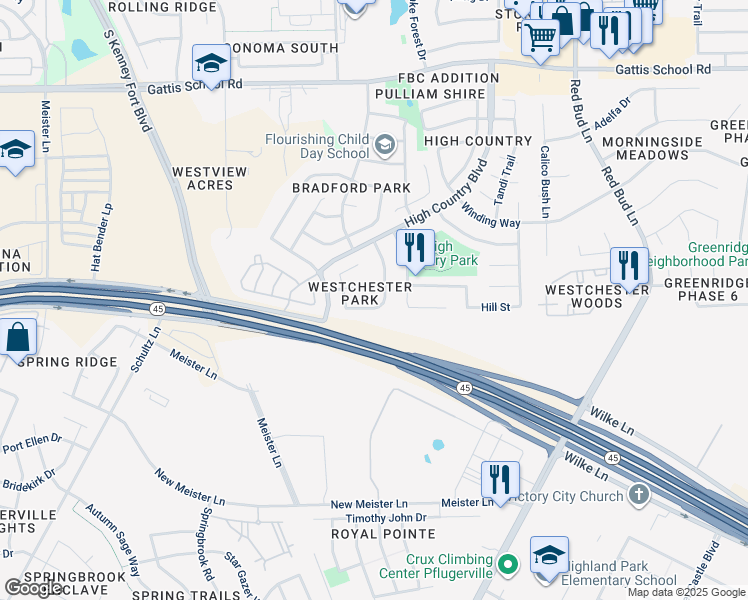 map of restaurants, bars, coffee shops, grocery stores, and more near 2821 Southampton Way in Round Rock