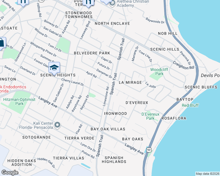 map of restaurants, bars, coffee shops, grocery stores, and more near 5990 Limestone Road in Pensacola