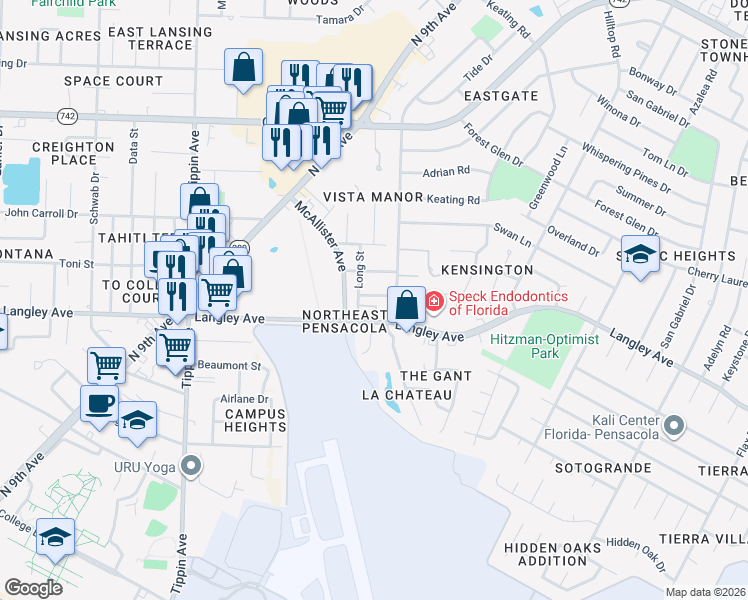 map of restaurants, bars, coffee shops, grocery stores, and more near 2810 Villager Circle in Pensacola