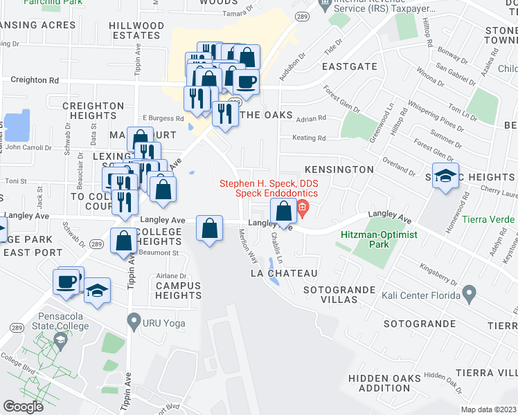 map of restaurants, bars, coffee shops, grocery stores, and more near 2810 Villager Circle in Pensacola