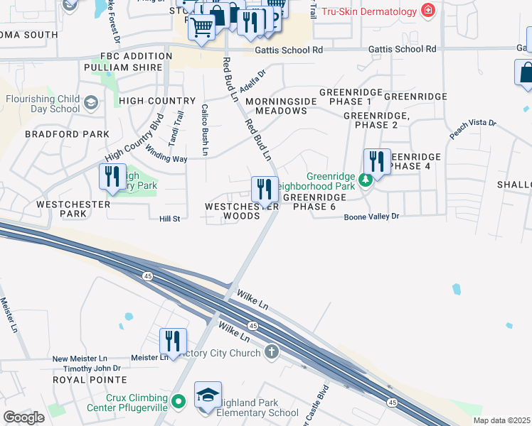 map of restaurants, bars, coffee shops, grocery stores, and more near 19500 North Heatherwilde Boulevard in Pflugerville