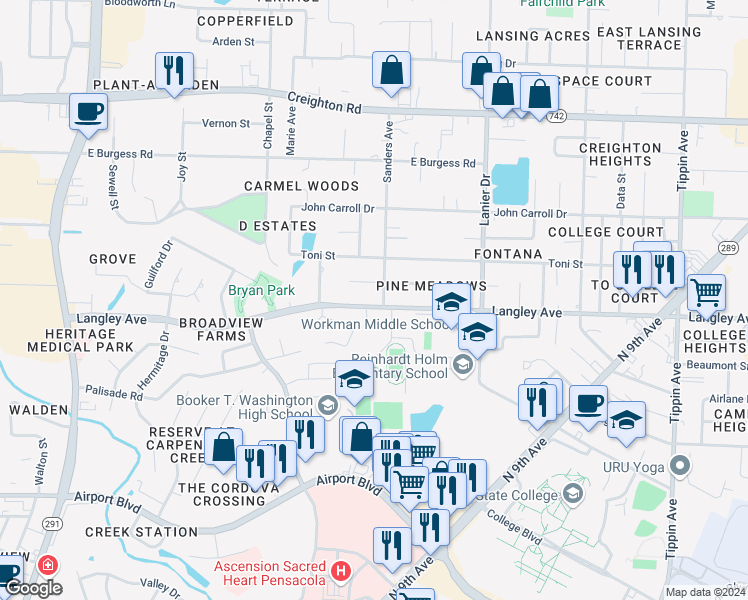 map of restaurants, bars, coffee shops, grocery stores, and more near 1460 Langley Avenue in Pensacola