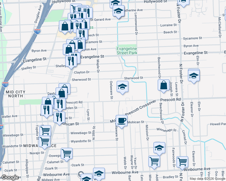 map of restaurants, bars, coffee shops, grocery stores, and more near 4272 Delaware Street in Baton Rouge