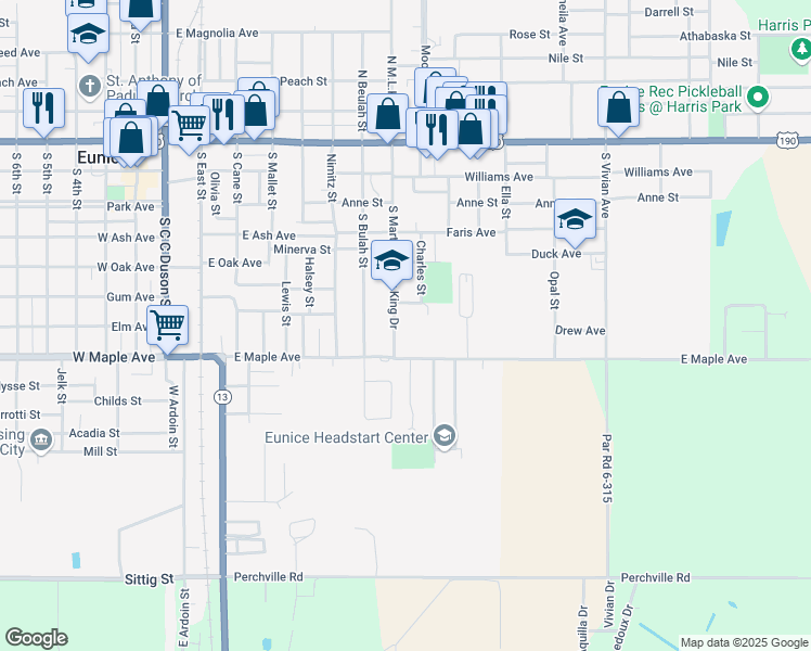 map of restaurants, bars, coffee shops, grocery stores, and more near 602 South Martin Luther King Drive in Eunice