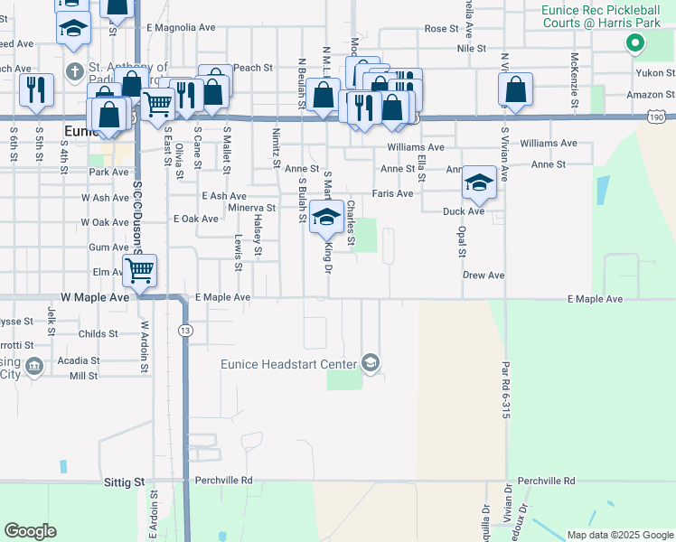 map of restaurants, bars, coffee shops, grocery stores, and more near 602 South Martin Luther King Drive in Eunice