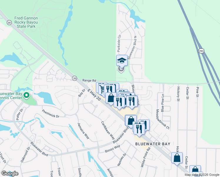 map of restaurants, bars, coffee shops, grocery stores, and more near 4501 Parkwood Lane West in Niceville