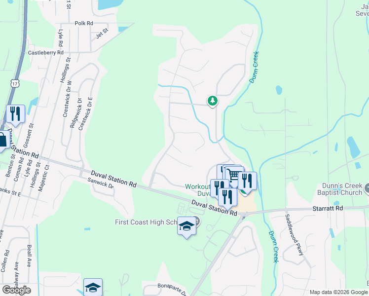 map of restaurants, bars, coffee shops, grocery stores, and more near 553 Haig Point Court in Jacksonville