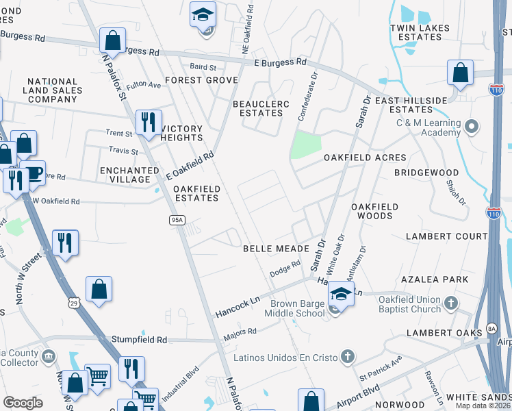 map of restaurants, bars, coffee shops, grocery stores, and more near 2 Monarch Lane in Pensacola
