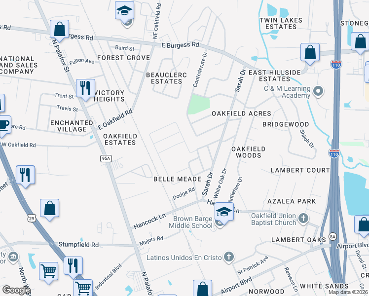 map of restaurants, bars, coffee shops, grocery stores, and more near 6101 Confederate Drive in Pensacola