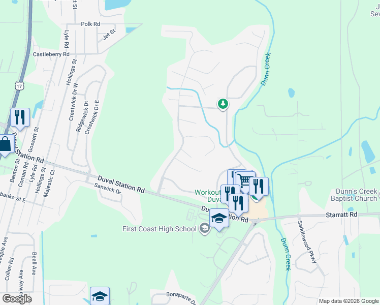 map of restaurants, bars, coffee shops, grocery stores, and more near 553 Haig Point Court in Jacksonville