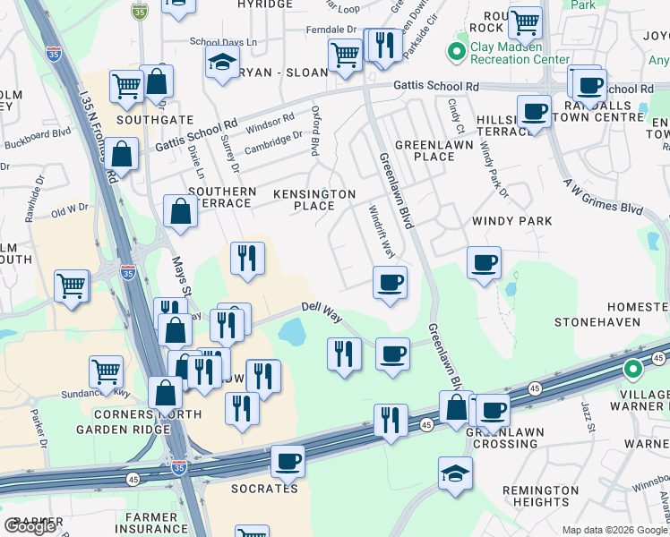 map of restaurants, bars, coffee shops, grocery stores, and more near 1100 Stratford Court in Round Rock