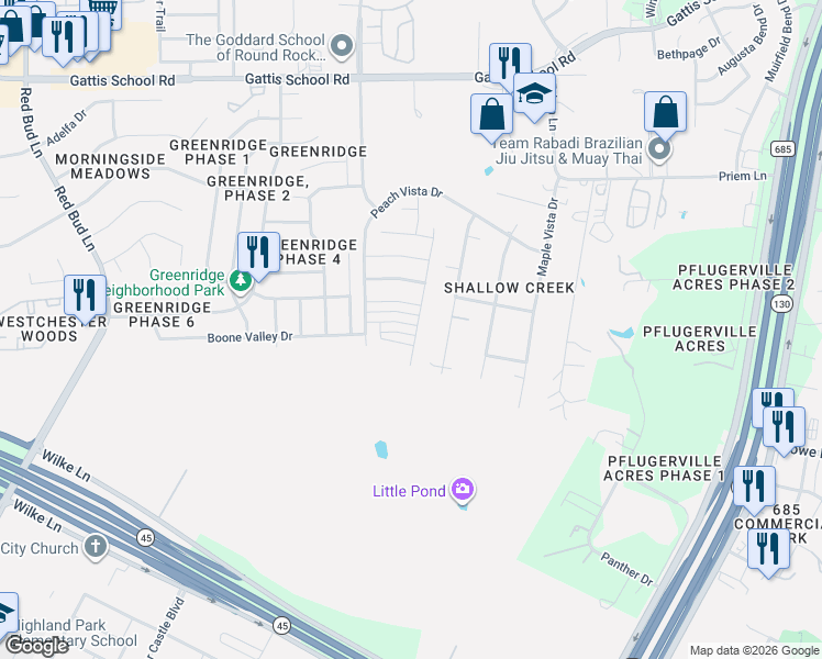 map of restaurants, bars, coffee shops, grocery stores, and more near 714 Coconut Grove Street in Pflugerville