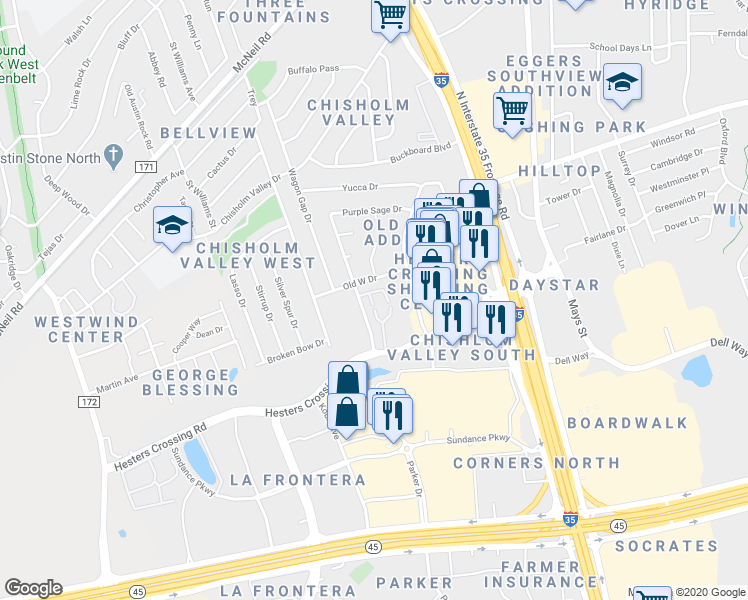 map of restaurants, bars, coffee shops, grocery stores, and more near 2215 Dry Creek Drive in Round Rock