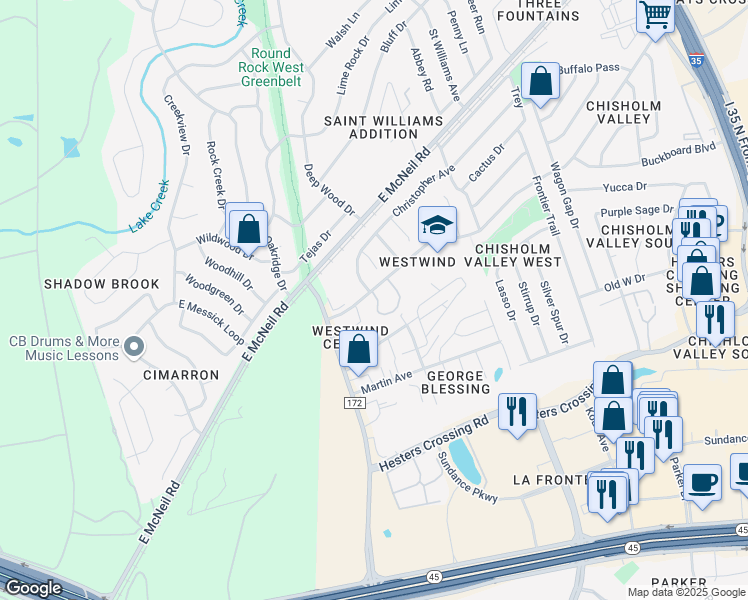 map of restaurants, bars, coffee shops, grocery stores, and more near 1221 Chisholm Valley Drive in Round Rock