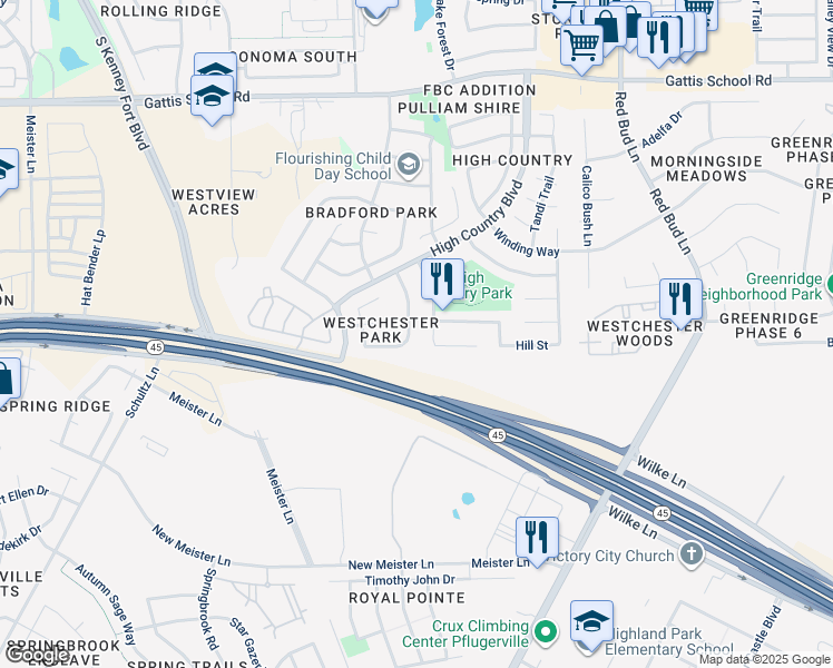 map of restaurants, bars, coffee shops, grocery stores, and more near 2825 Southampton Way in Round Rock