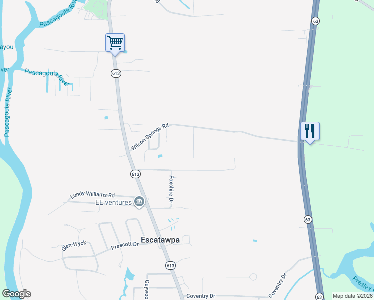 map of restaurants, bars, coffee shops, grocery stores, and more near 3800 Wilson Springs Road in Moss Point