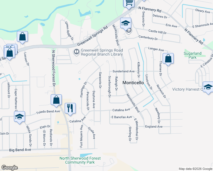 map of restaurants, bars, coffee shops, grocery stores, and more near 4129 Scarborough Drive in Baton Rouge