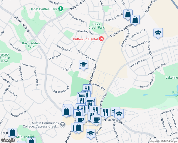 map of restaurants, bars, coffee shops, grocery stores, and more near 1209 Cypress Creek Road in Cedar Park