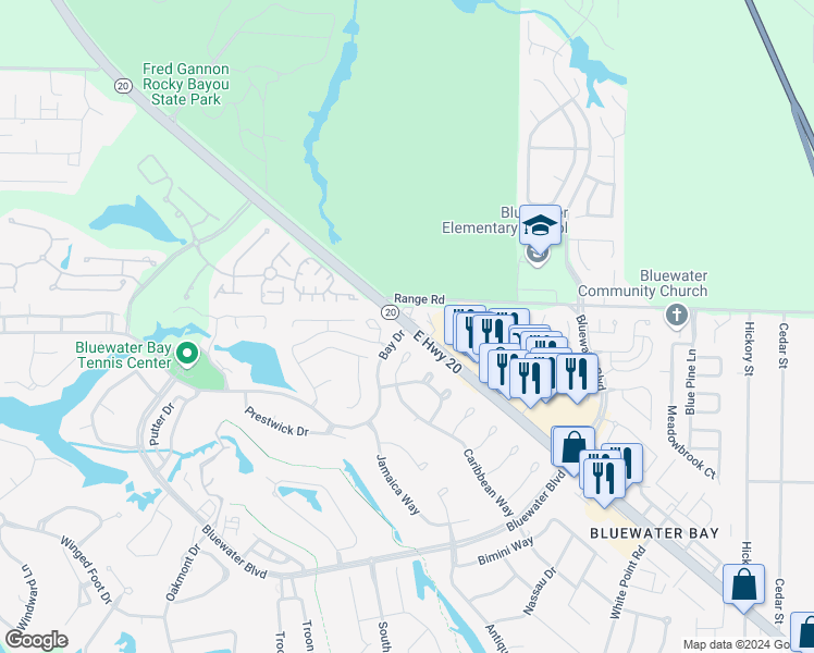 map of restaurants, bars, coffee shops, grocery stores, and more near 56 Bay Drive in Niceville