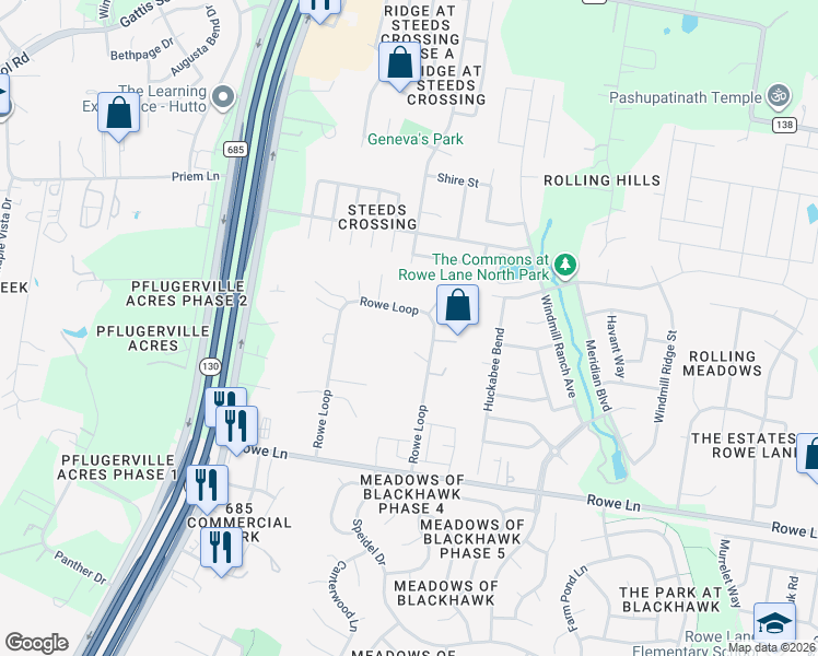 map of restaurants, bars, coffee shops, grocery stores, and more near 1931 Rowe Loop in Pflugerville