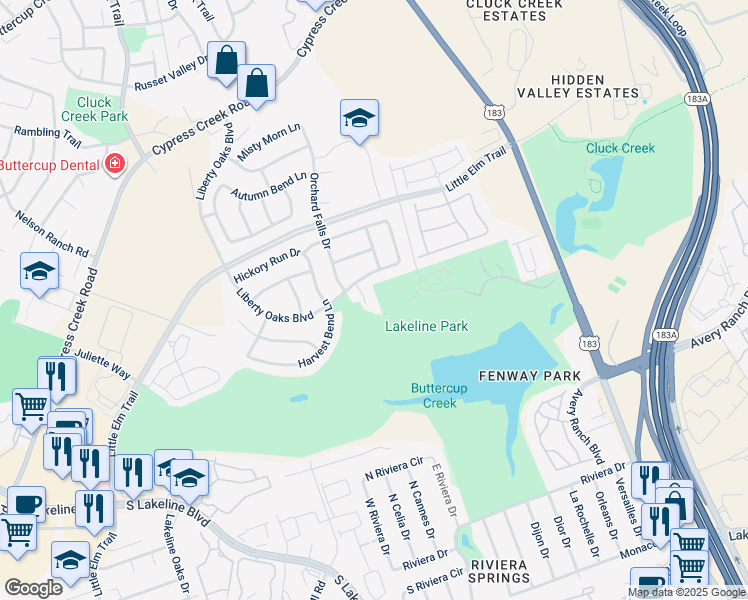 map of restaurants, bars, coffee shops, grocery stores, and more near 1608 Avondale Drive in Cedar Park