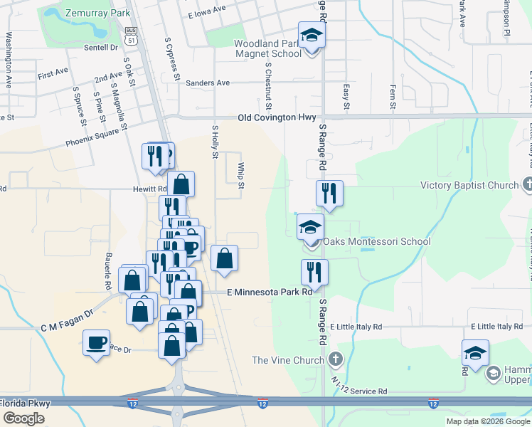 map of restaurants, bars, coffee shops, grocery stores, and more near 1500 South Elm Street in Hammond