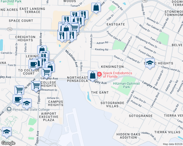 map of restaurants, bars, coffee shops, grocery stores, and more near 6337 Langley Place Road in Pensacola