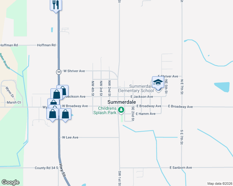 map of restaurants, bars, coffee shops, grocery stores, and more near 205 Northwest 1st Street in Summerdale