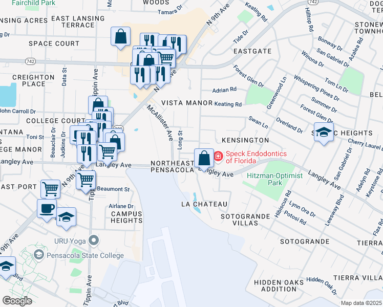 map of restaurants, bars, coffee shops, grocery stores, and more near Long Street in Pensacola