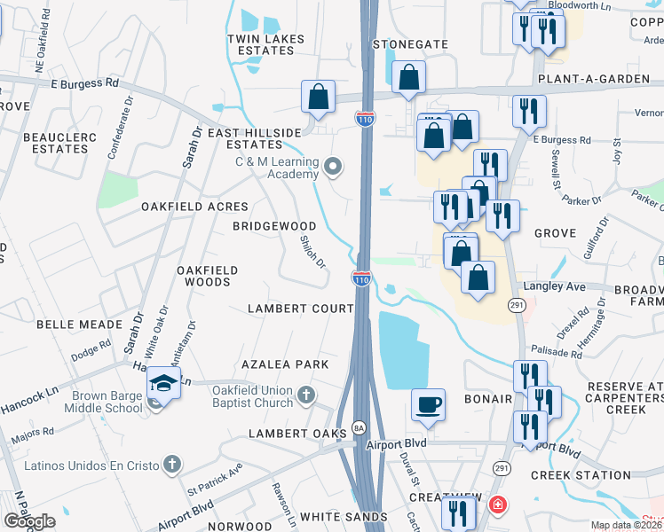 map of restaurants, bars, coffee shops, grocery stores, and more near 558 Shiloh Drive in Pensacola