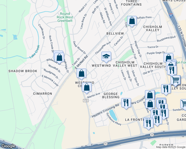 map of restaurants, bars, coffee shops, grocery stores, and more near 1221 Chisholm Valley Drive in Round Rock