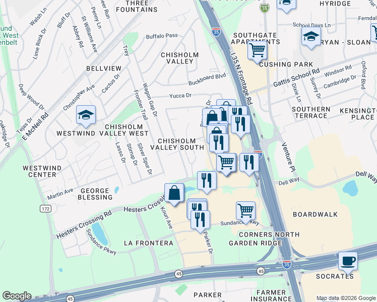 map of restaurants, bars, coffee shops, grocery stores, and more near 2215 Dry Creek Drive in Round Rock