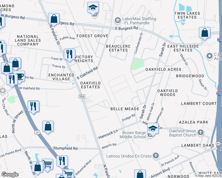 map of restaurants, bars, coffee shops, grocery stores, and more near 2 Monarch Lane in Pensacola