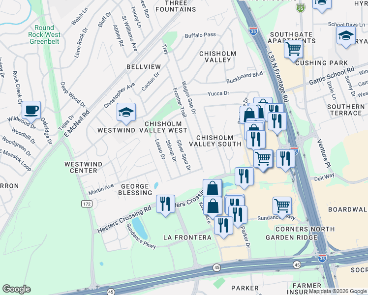 map of restaurants, bars, coffee shops, grocery stores, and more near 2301 Silver Spur Drive in Round Rock