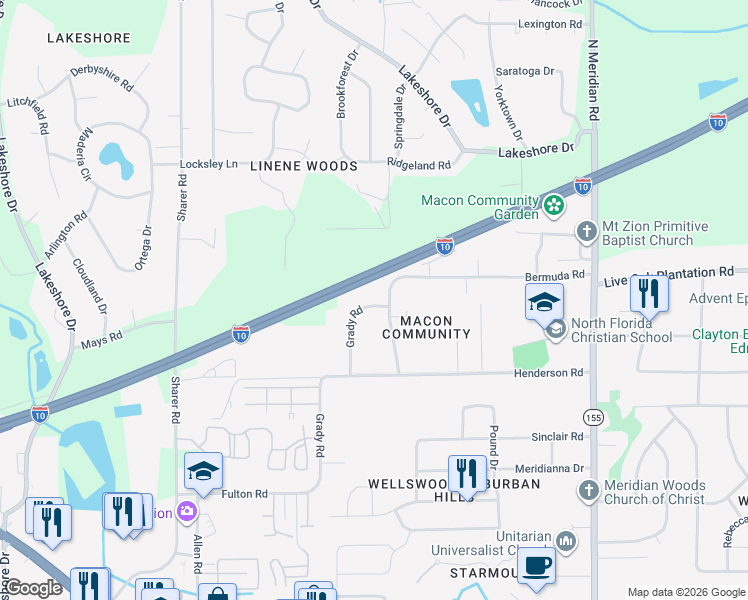 map of restaurants, bars, coffee shops, grocery stores, and more near 3070 Grady Road in Tallahassee