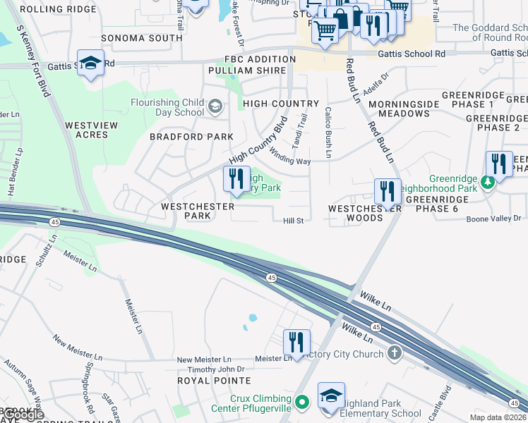 map of restaurants, bars, coffee shops, grocery stores, and more near 3019 Hill Street in Round Rock