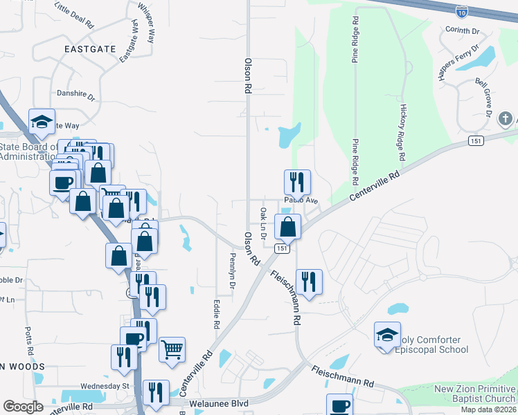 map of restaurants, bars, coffee shops, grocery stores, and more near 2694 Oak Lane Drive in Tallahassee