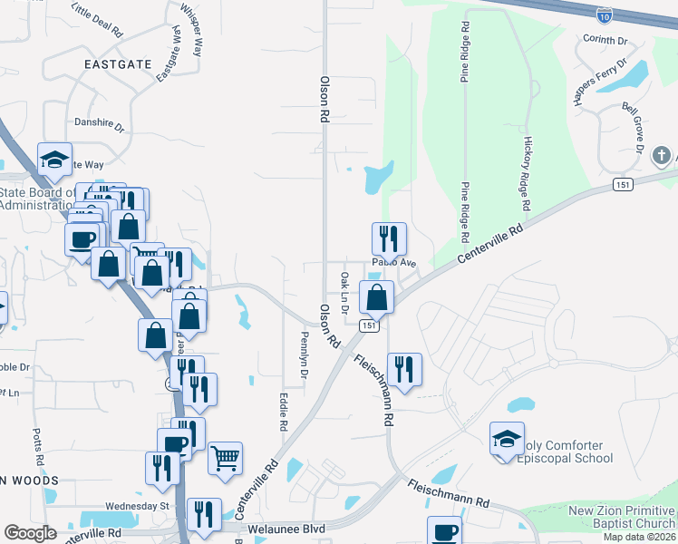 map of restaurants, bars, coffee shops, grocery stores, and more near 2694 Oak Lane Drive in Tallahassee