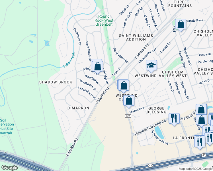 map of restaurants, bars, coffee shops, grocery stores, and more near 2301 Oak Meadow Drive in Round Rock