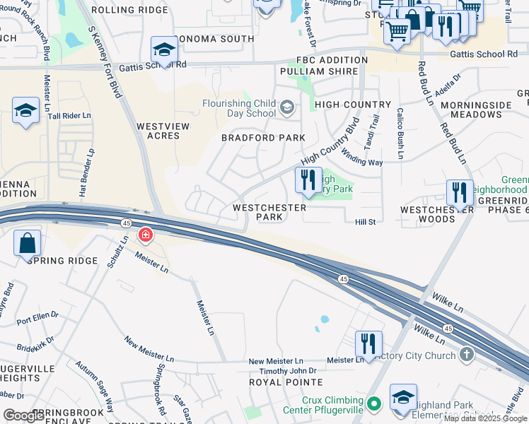 map of restaurants, bars, coffee shops, grocery stores, and more near 2705 Westhampton Court in Round Rock