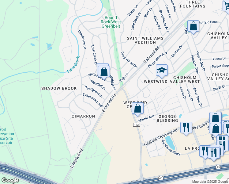 map of restaurants, bars, coffee shops, grocery stores, and more near 2301 Oak Meadow Drive in Round Rock