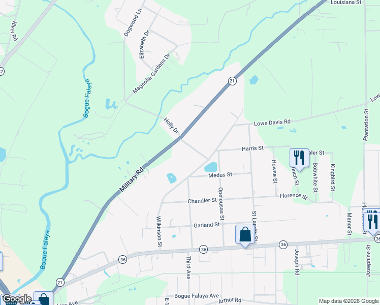 map of restaurants, bars, coffee shops, grocery stores, and more near 72664 Military Road in Covington