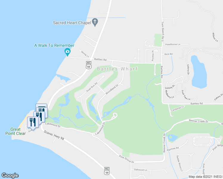 map of restaurants, bars, coffee shops, grocery stores, and more near 18096 Woodland Drive in Point Clear