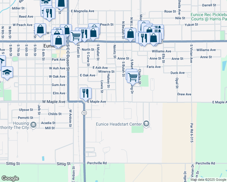 map of restaurants, bars, coffee shops, grocery stores, and more near Mayers Street in Eunice