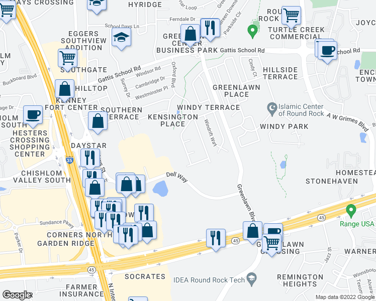 map of restaurants, bars, coffee shops, grocery stores, and more near 1100 Stratford Court in Round Rock