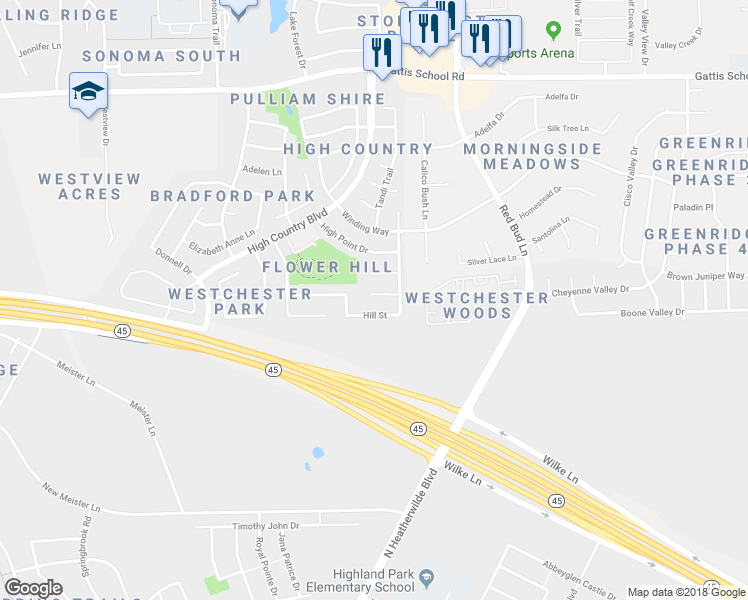 map of restaurants, bars, coffee shops, grocery stores, and more near 2911 Hill View Cove in Round Rock