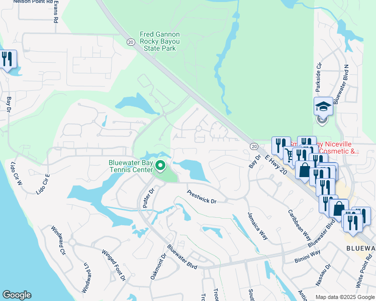 map of restaurants, bars, coffee shops, grocery stores, and more near 4328 Hidden Lakes Drive East in Niceville