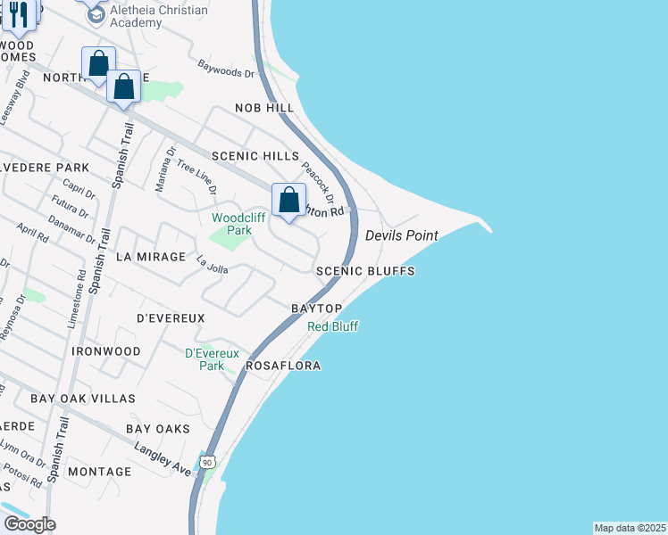 map of restaurants, bars, coffee shops, grocery stores, and more near 6521 Scenic Highway in Pensacola